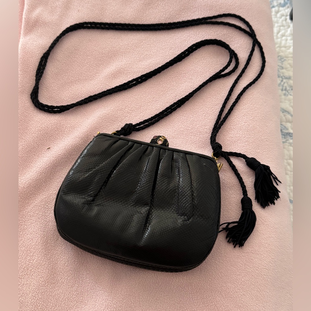 Judith Leiber black lizard skin vintage clutch bag long shoulder crossbody strap